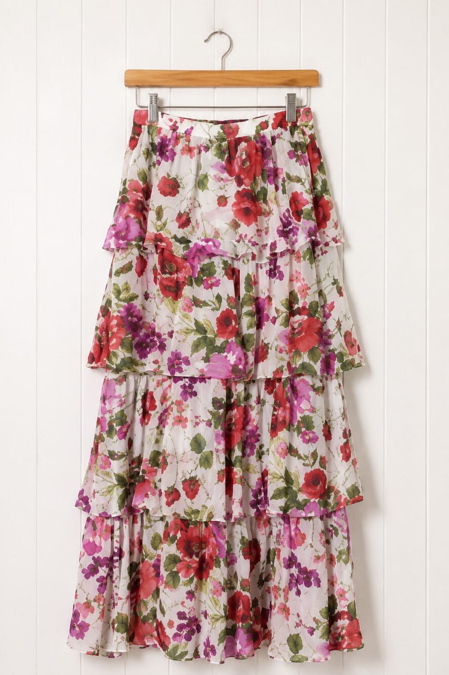 Abercrombie & Fitch Floral XS Tiered Maxi Skirt Women White Pink Red Ruffle
